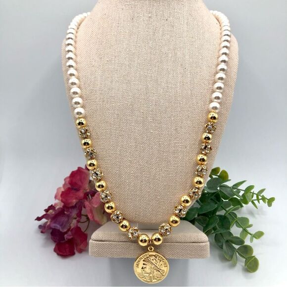 Venessa Arizaga Pearl And Rhinestone Coin Pendant Necklace - Picture 1 of 14